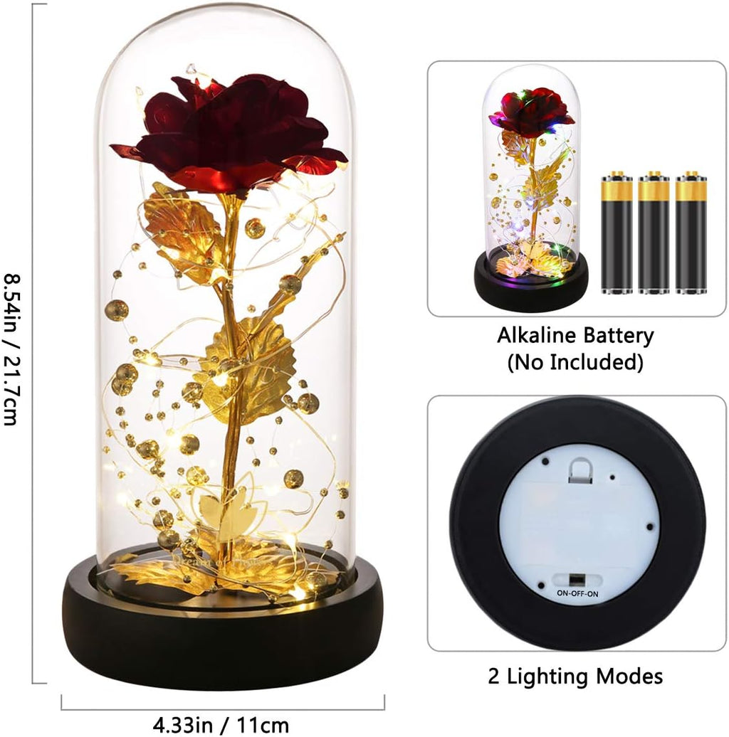 Gifts for Mom,Valentines Decor Beauty and the Beast Rose Flowers with 40 LED Lights Rose in Glass Dome,Enchanted Rose Valentines Flowers Birthday Gifts for Women Girlfriend (24K Red Rose)