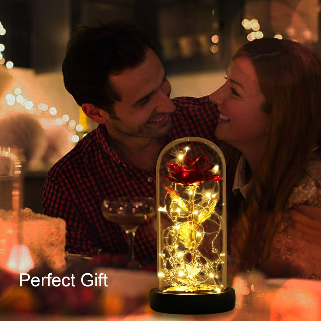 Gifts for Mom,Valentines Decor Beauty and the Beast Rose Flowers with 40 LED Lights Rose in Glass Dome,Enchanted Rose Valentines Flowers Birthday Gifts for Women Girlfriend (24K Red Rose)