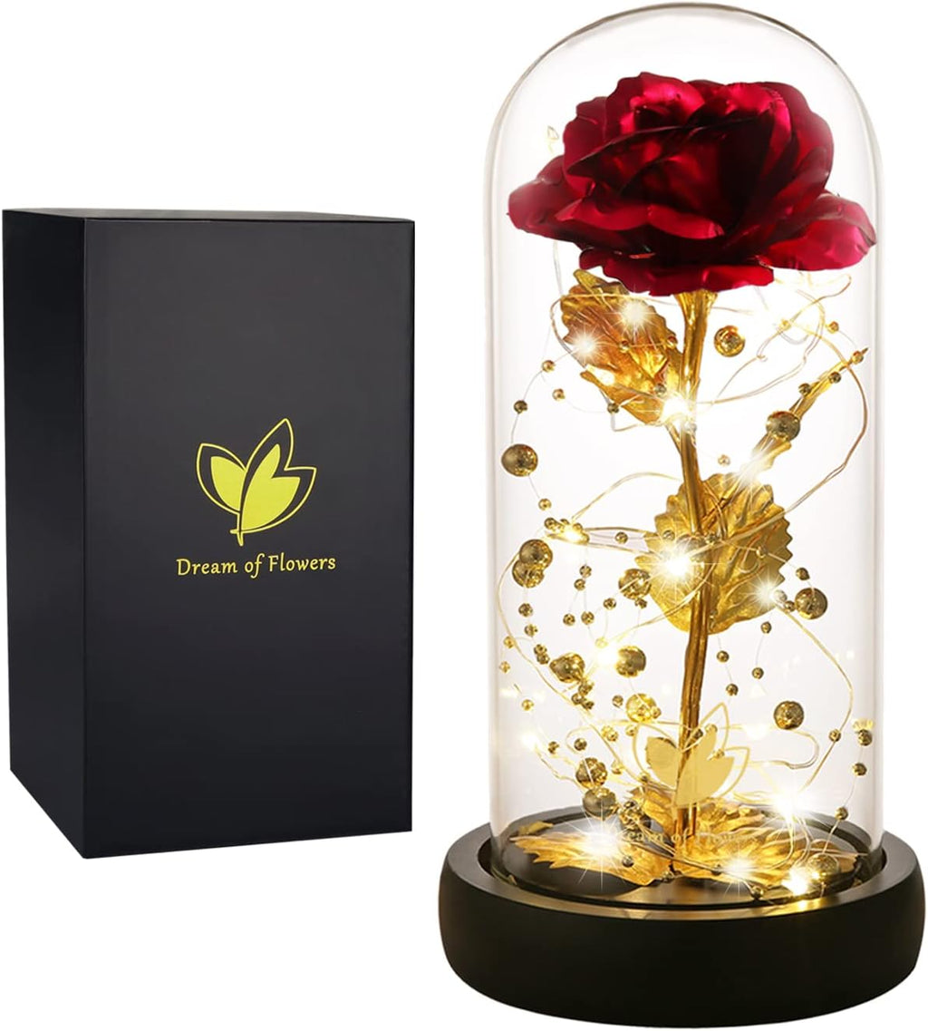 Gifts for Mom,Valentines Decor Beauty and the Beast Rose Flowers with 40 LED Lights Rose in Glass Dome,Enchanted Rose Valentines Flowers Birthday Gifts for Women Girlfriend (24K Red Rose)