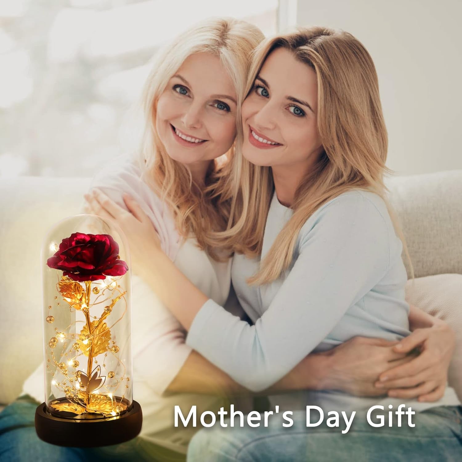 Gifts for Mom,Valentines Decor Beauty and the Beast Rose Flowers with 40 LED Lights Rose in Glass Dome,Enchanted Rose Valentines Flowers Birthday Gifts for Women Girlfriend (24K Red Rose)