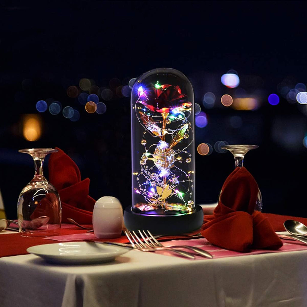 Gifts for Mom,Valentines Decor Beauty and the Beast Rose Flowers with 40 LED Lights Rose in Glass Dome,Enchanted Rose Valentines Flowers Birthday Gifts for Women Girlfriend (24K Red Rose)