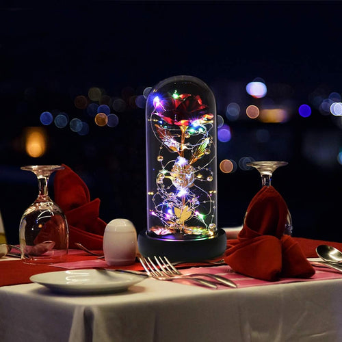 Gifts for Mom,Valentines Decor Beauty and the Beast Rose Flowers with 40 LED Lights Rose in Glass Dome,Enchanted Rose Valentines Flowers Birthday Gifts for Women Girlfriend (24K Red Rose)
